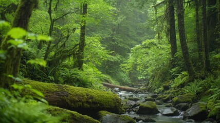 Fototapeta premium Tranquil Rainforest Stream with Mossy Log