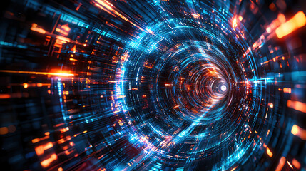 Obraz premium Digital tunnel with radial motion blur effect, vibrant colors and lights