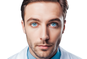 Close up portrait of a men with blue eyes in medical or scientific setting. Looking at camera. Isolated background, png.
