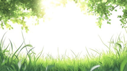 Green grass and leaves with sunlight shining in the sky