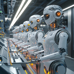 Fototapeta premium Futuristic Robots Working on a Control Panel in a Modern Factory