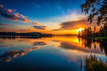 Fototapeta premium Serene Sunset Silhouette: Tranquil Lake View, Artistic Framing