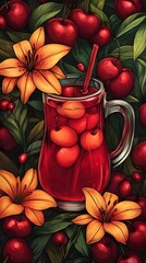 Obraz premium Vibrant Cherry Beverage: A refreshing cherry beverage, garnished with fresh cherries and a straw, surrounded by lush foliage and blossoms, an idyllic scene of natural goodness.