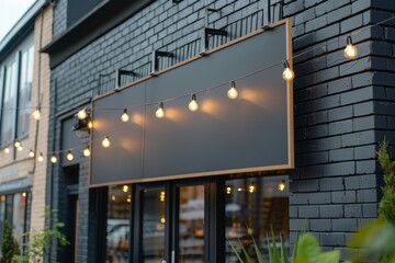 Elegant Black Brick Building with Blank Signage and String Lights Ready for Customization and Advertisement