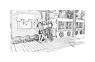 Print Building view with landmark of Chuncheon city South Korea. Hand drawn sketch illustration in vector.