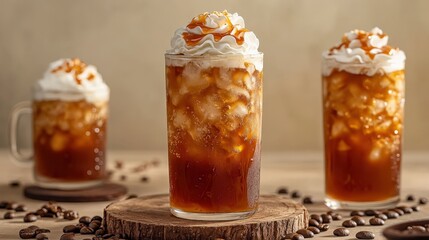Refreshing iced coffee trio on a rustic table. Creamy swirls and caramel accents create a sweet, cool treat
