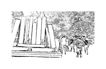 Print Building view with landmark of Chuncheon city South Korea. Hand drawn sketch illustration in vector.