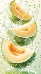 Fresh Melon Slices and Water Splash: Captivating image of fresh cantaloupe melon slices amidst a dynamic splash of water, embodying refreshing taste and vitality. 