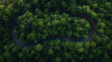 Obraz premium Winding Asphalt Road Through Lush Green Forest Aerial View Scenic Journey Countryside Adventure