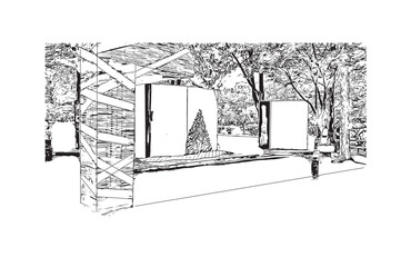 Print Building view with landmark of Chuncheon city South Korea. Hand drawn sketch illustration in vector.