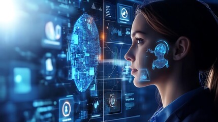 Futuristic AIpowered customer service interface personalized avatar predictive analytics seamless