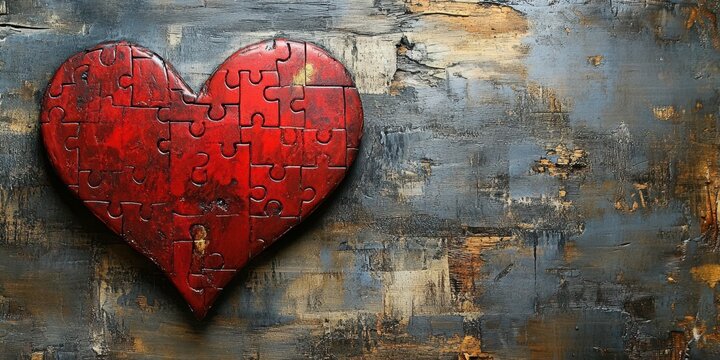 Heart-shaped puzzle piece art on textured background showcases the theme of love and connection in a unique way