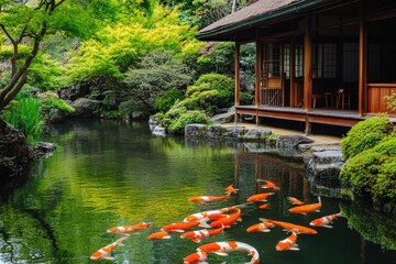 Fototapeta premium Tranquil Pond Experience in a Japanese Garden With Koi Swimming Peacefully Beneath the Surface Among Lush Greenery