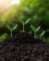 Fototapeta premium Fresh green sprouts emerging from dark, rich soil in a vibrant natural environment.