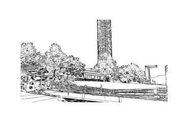 Print Building view with landmark of Chuncheon city South Korea. Hand drawn sketch illustration in vector.