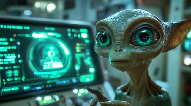 Intricate alien figure engages with advanced technology in a futuristic spacecraft setting