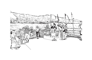 Print Building view with landmark of Chuncheon city South Korea. Hand drawn sketch illustration in vector.