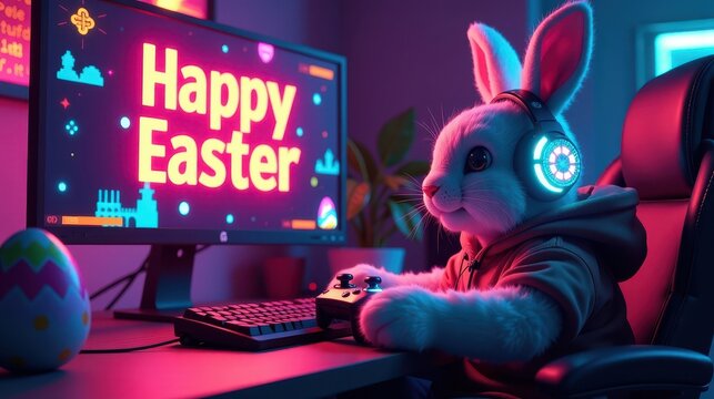 Easter Bunny wearing gaming headphones, sitting in a neon-lit gaming setup. He holds a video game controller. The monitor displays a colorful "Happy Easter"