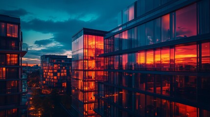 Stunning sunset reflects off modern glass buildings in urban setting during twilight hours