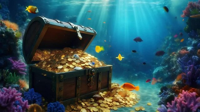 Sunlit Treasure Chest Underwater Surrounded by Colorful Marine Life and Coral, smooth repeating motion for background video animation
