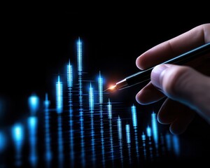 Hand analyzing digital financial data with glowing charts and graphs.