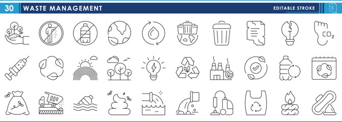 A set of line icons related to Waste management. Waste, recycle, ESG, dump, green, environment, conservation, and so on. Vector editable stroke.
