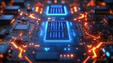 Obraz premium Futuristic Blue Circuit Board Background Digital Art with Neon Lights and Intricate Patterns