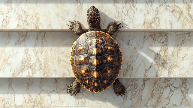 A tortoise rests on cool marble, its patterned shell catching the light. A simple, elegant composition