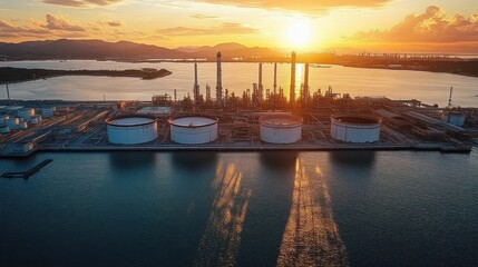 Aerial View of Oil Refinery and Gas Depot at Sunset Calm Harbor Industrial Facility for Storage and Transport of Petrochemical Products