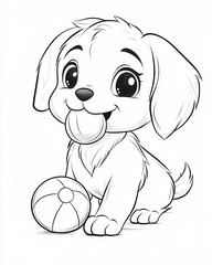 Fototapeta premium Cute cartoon puppy with big eyes holding a ball, perfect for coloring pages.