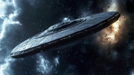 Obraz premium A futuristic spacecraft travels through the vast and dark expanse of space