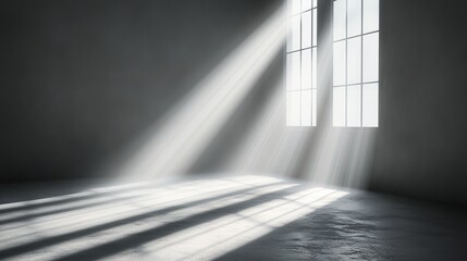 Fototapeta premium Sunlight streaming through windows illuminating a serene indoor space with shadows on the floor
