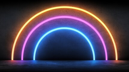 Neon Lights Arcing Across a Dark Concrete Wall