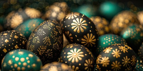 Easter day Half-patterned eggs with bold, angular gold patterns, placed over a rich emerald green-to-black gradient with a touch of metallic shine
