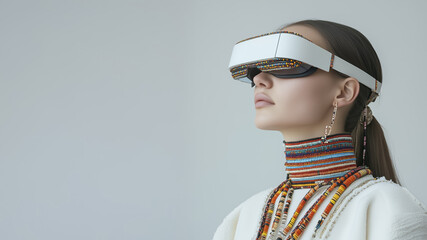 woman wearing virtual reality headset and traditional beaded jewelry, blending modern technology with cultural heritage