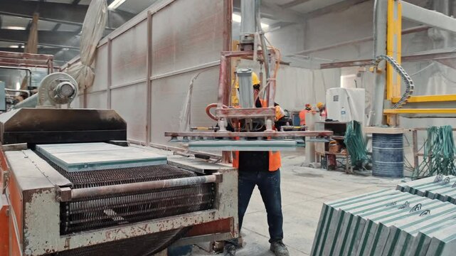 Safe marble handling process in a stone processing facility. A vacuum lifting apparatus helps workers move stone slabs effortlessly.
