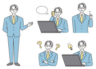 ミドル〜シニア世代、小ぎれいな男性のビジネスシーン、シンプルな線タイプ（ブルー寒色・白背景）
