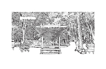 Print Building view with landmark of Chuncheon city South Korea. Hand drawn sketch illustration in vector.