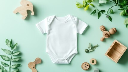 Top View of White Cotton Baby Bodysuit with Natural Wooden Toys on a Soft Green Background