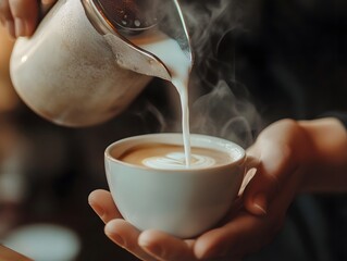 Hands pouring steamed milk into a cup of coffee