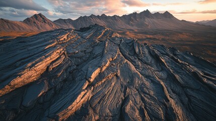 Majestic volcanic landscape showcasing rugged lava formations at sunset