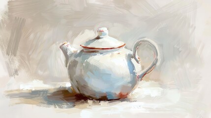 Elegant digital painting of a white ceramic teapot with a red rim, showcasing a simple yet beautiful kitchen utensil for hot beverages on a neutral background