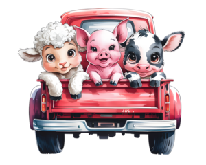 Whimsical Farm Friends: A charming illustration depicts a sheep, a pig, and a cow happily riding in the back of a red pickup truck, exuding joy and a touch of whimsy. 