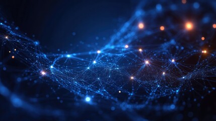 Futuristic Digital Network Visualization with Interconnected Nodes and Bioluminescent Lighting