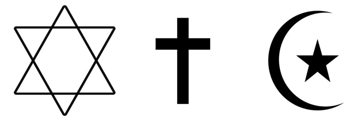 Religious Symbols – Star of David, Christian Cross, and Islamic Crescent