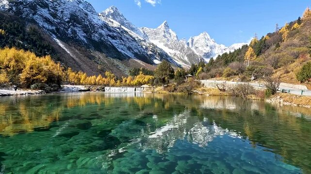 Landscape Bipenggou Valley - Most Beautiful Panyang Lake or Argali Lake and Yellow Tree with Snow Mountain  in Mount Bipenggou National Park in Xiaojin Sichuan Province China - Stable Footage Autumn