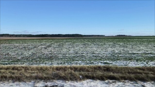 Side view from the window of a moving car - thawed on a green field. Spring time, thawed patches with snow. travel view from the car window on a early spring, Spring landscape. green fields are covere