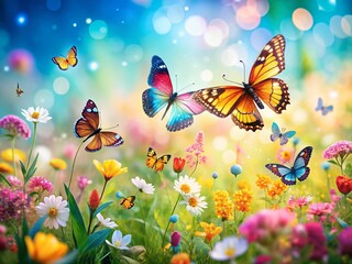 Fototapeta premium Spring Carnival Butterfly Dance: Bokeh Blurred Spring Flowers