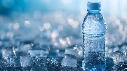 Chilled water bottle on ice cubes