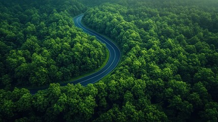 Aerial View of Winding Road Through Green Forest with Car Travel in Nature Landscape